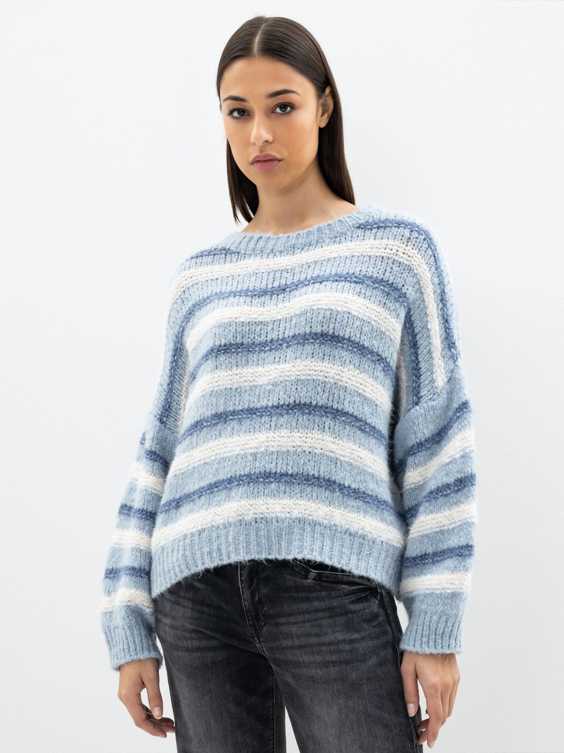 Herrlicher Grobstrick Pullover Blau Gestreift Ellana