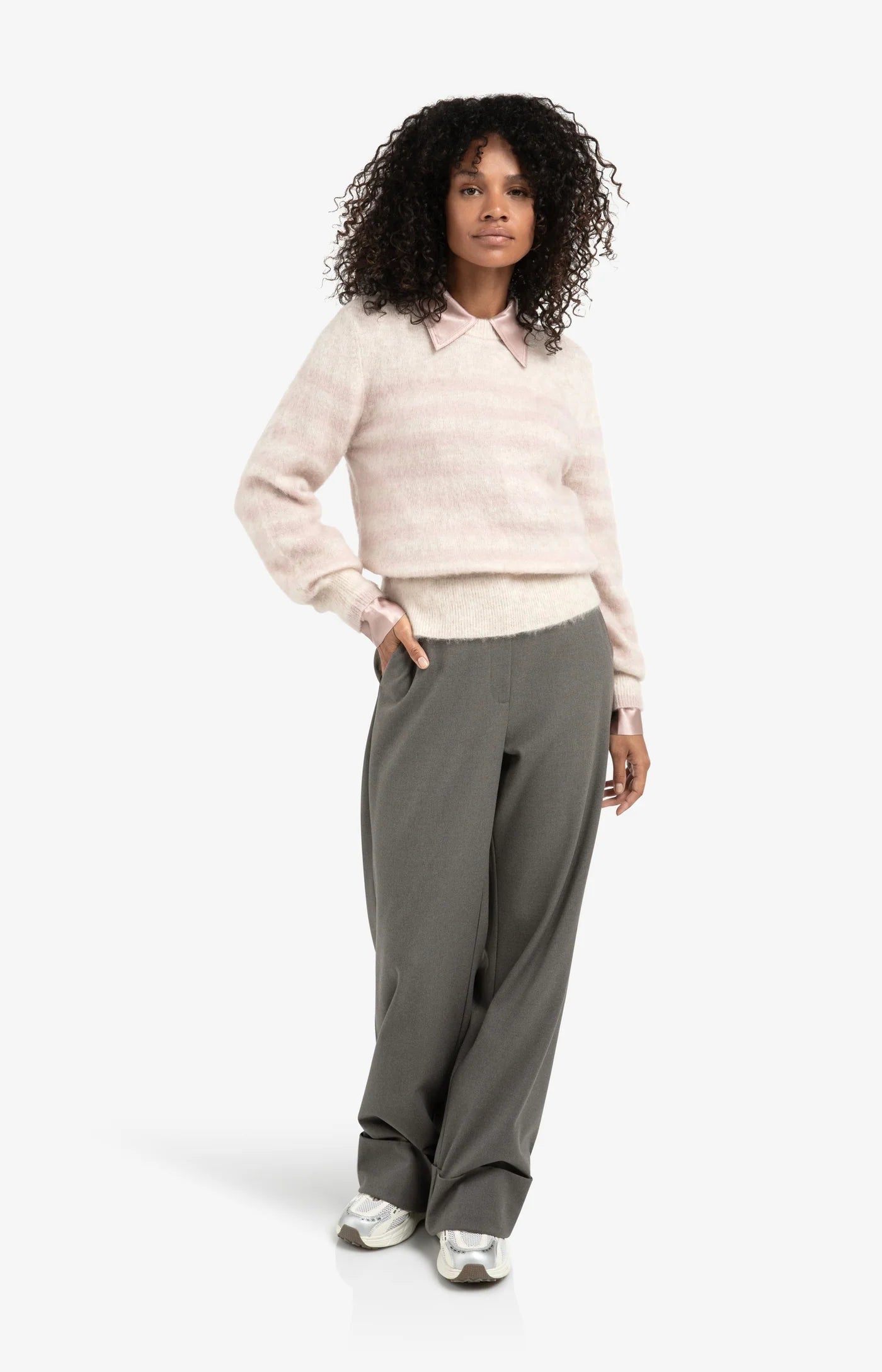 YAYA Kuschel Pullover Beige mit Rosa Streifen