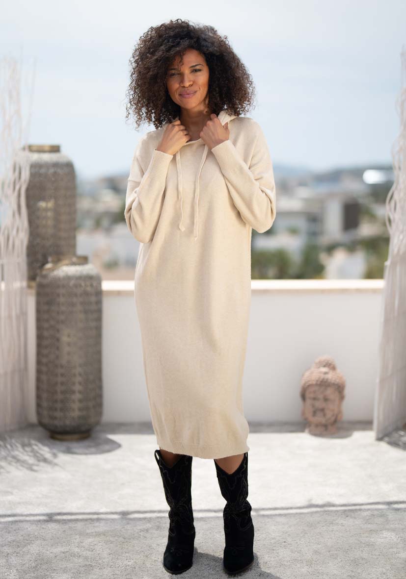 Miss Goodlife Dress Knitted Hoodie long – creme