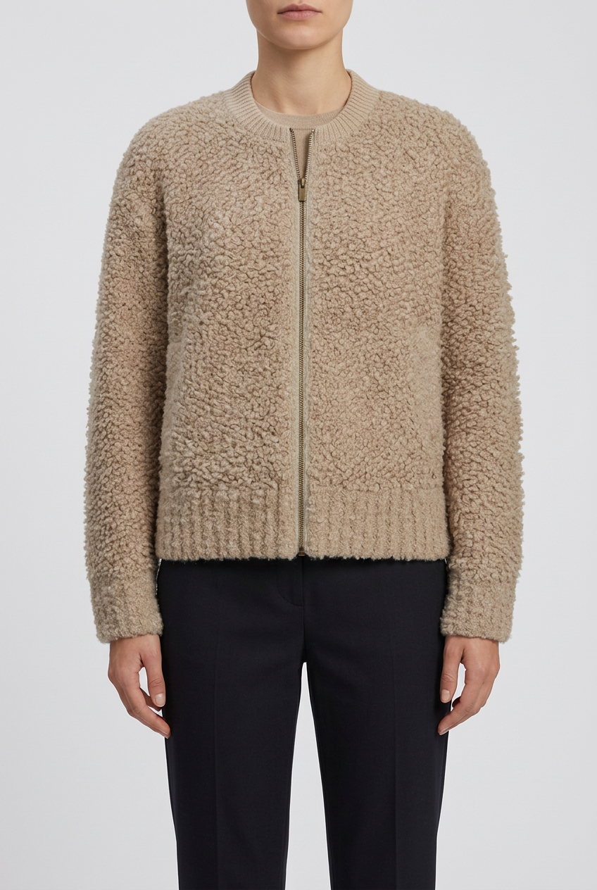 Red Button Bomber Knit Boucle Beige latte