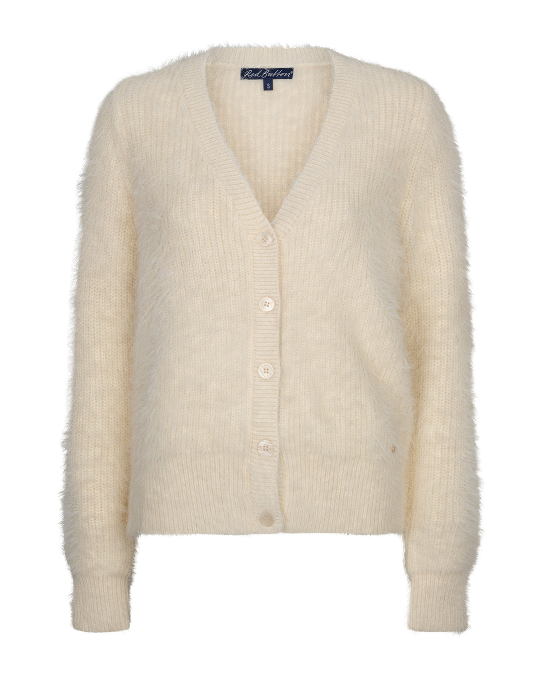 Red Button Sleeveless Fuzzy Cardigan Cream