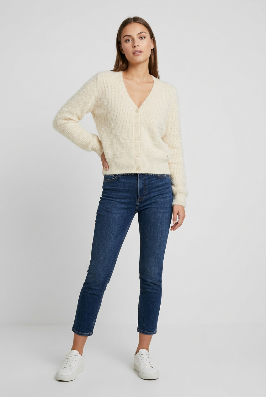 Red Button Sleeveless Fuzzy Cardigan Cream