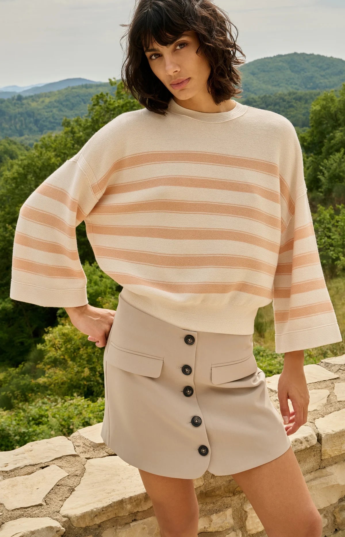 YAYA Sommerstrick Pullover mit weiten Ärmel in Beige Orange