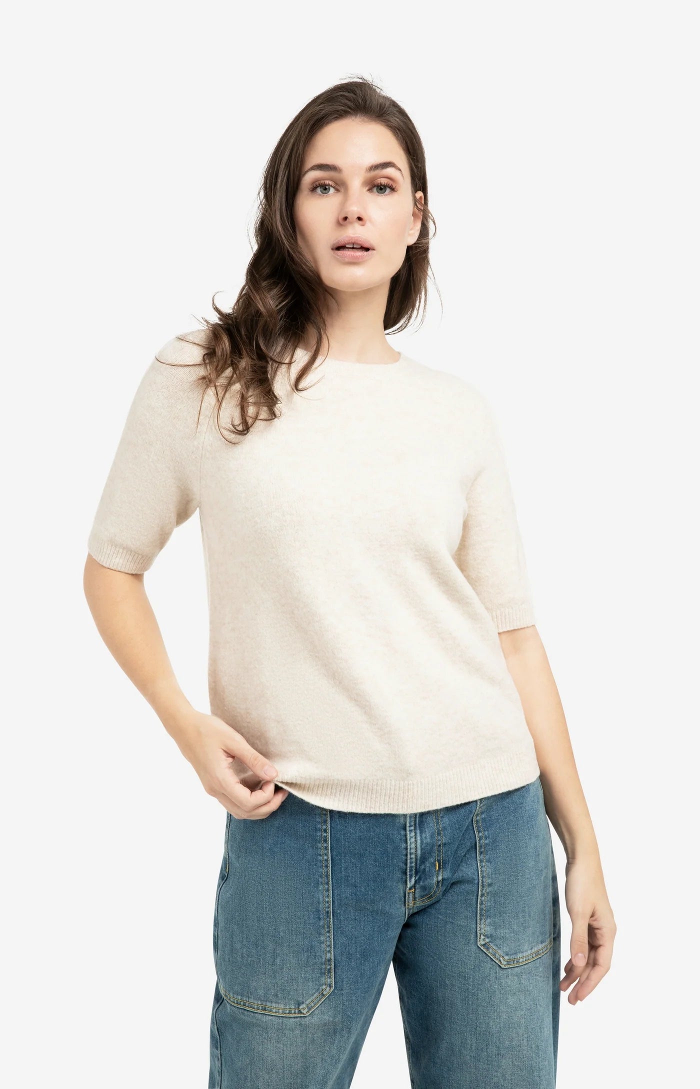 YAYA weicher Frühjahrs Pullover mit kurzen Armen und Rundhals Beige