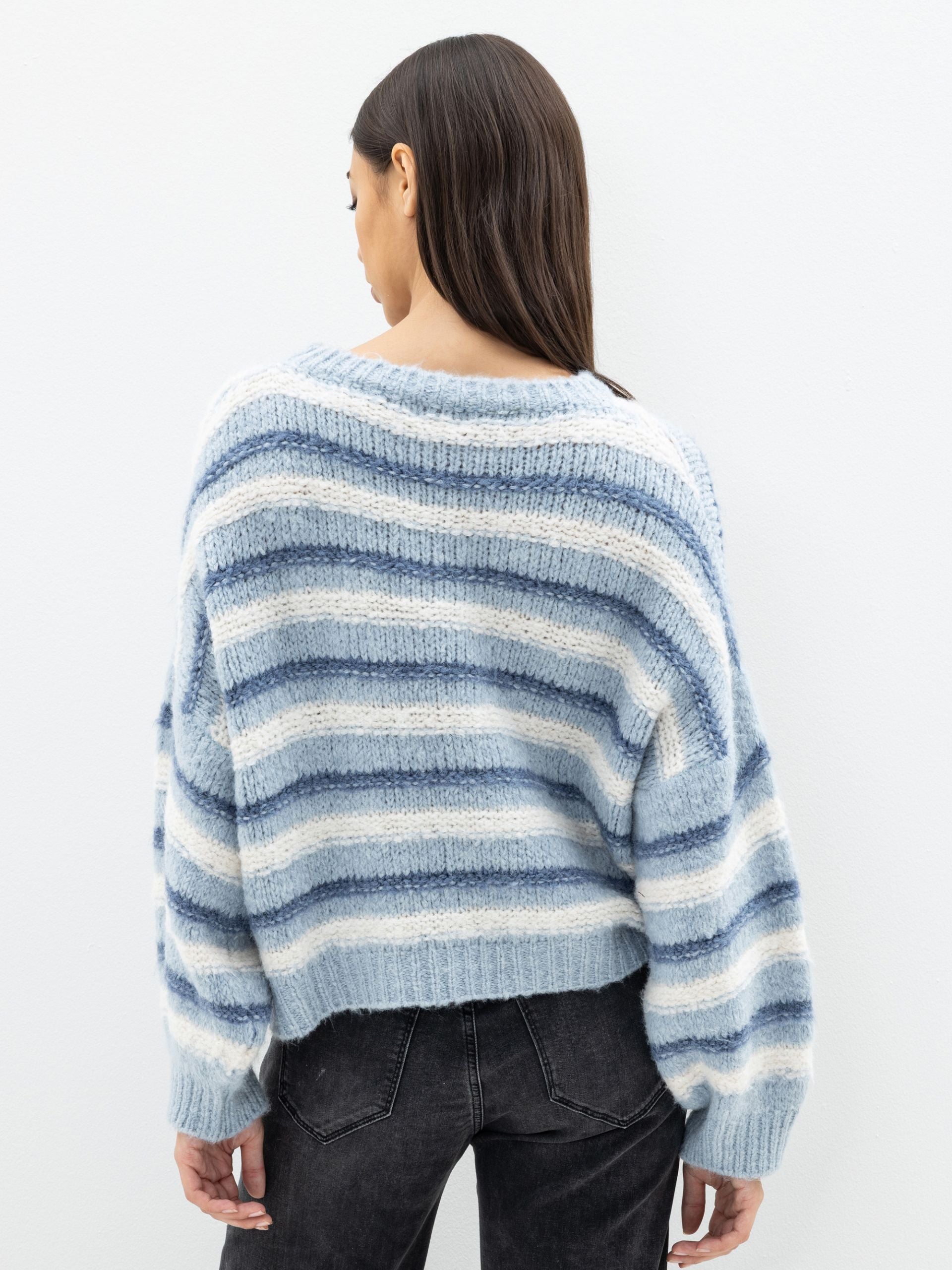 Herrlicher Grobstrick Pullover Blau Gestreift Ellana