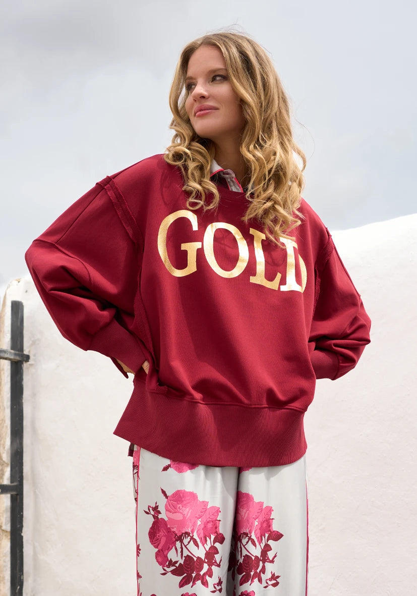 Miss Goodlife Pullover Roundneck wide Gold – bordeaux