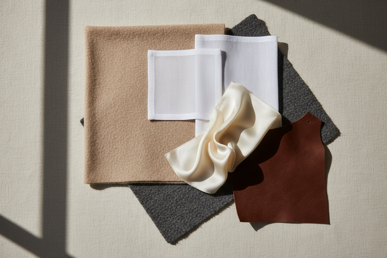 erstelle ein bild wo verschiedene Materialien drauf sind wie Cashmere Baumwolle, Seide wolle leder