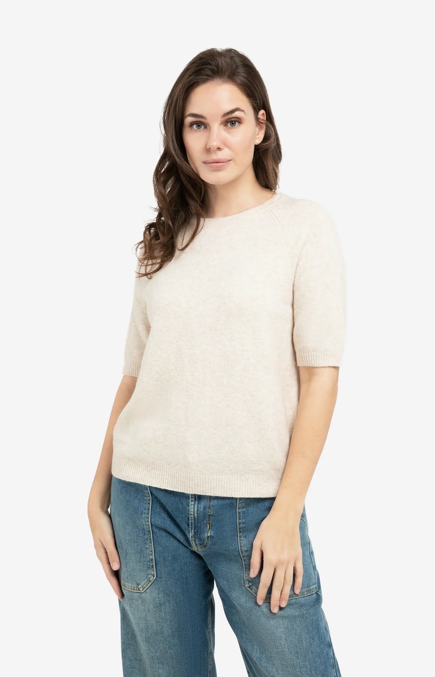 YAYA weicher Frühjahrs Pullover mit kurzen Armen und Rundhals Beige